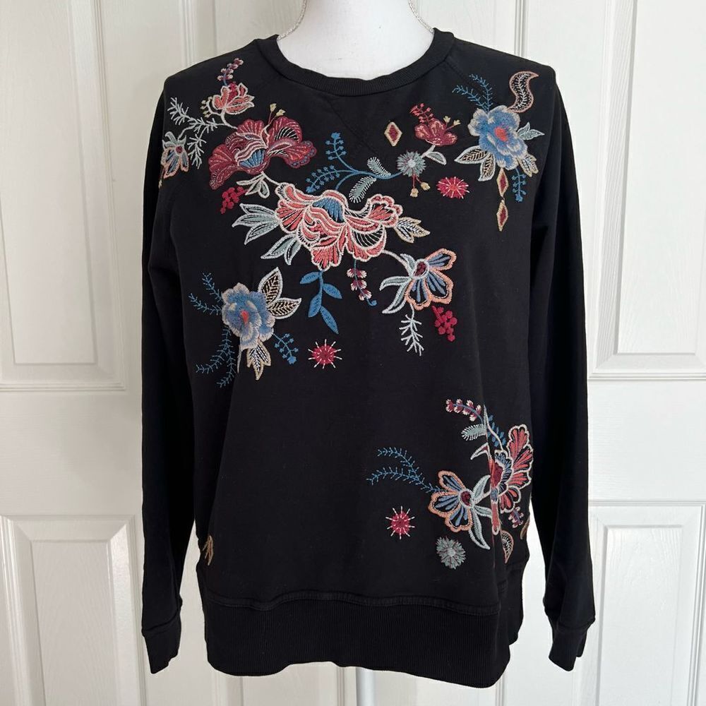 Johnny Was Denali Floral Embroidered Sweatshirt Black XS MSRP $170